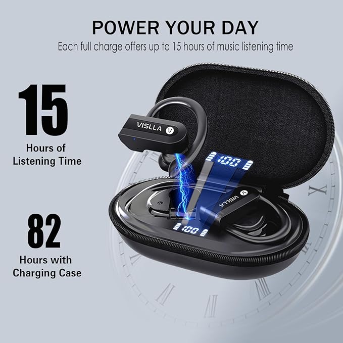 Vislla Wireless Earbuds, Bluetooth Earbuds with Earhooks Over Ear, 82H Long Battery Life,HiFi Running Headphones with Mic,PU Leather Charging Case,Waterproof Sport Ear Buds for Android Gym Working Out