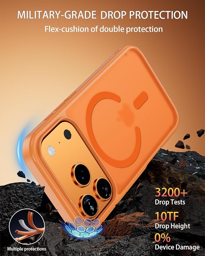 for iPhone 17 Pro Max Case Compatible with MagSafe,Includes Tempered Glass Screen & Lens Protectors,Matte Translucent Anti-Fingerprint,Military-Grade Shockproof Orange Cover