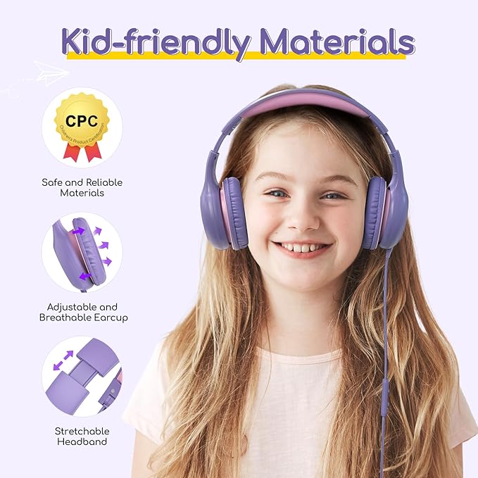 EarFun Kids Headphones Wired with Microphone, 85/94dB Volume Limit Headphones for Kids, Portable Wired Headphone with Shareport, Stereo Sound Foldable Headset for School/Tablet/iPad, Violet Pink