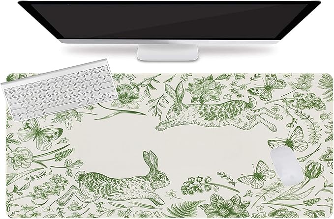 L-SPOUTTO Green Floral Desk Mat for Keyboard and Mouse,Cute XXL Gaming Mouse Pad,Large 35.4x15.7in Non-Slip Rubber Base Keyboard Pad Waterproof Desktop Mat for Laptop Computer Work Home Office-Rabbits