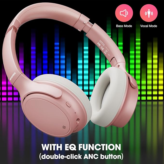 INFURTURE H1 Plus Doubly Fed Hybrid Active Noise Cancelling Headphones with EQ Mode，Wireless Over Ear Bluetooth Headphones with 4 Microphone, 90H Playtime,Lightweight for Home Travel Office(Pink)