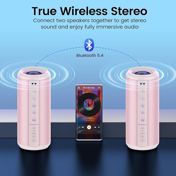 Portable Bluetooth Speaker, 2026 Bluetooth 5.4 Wireless Speaker with 20W HD Loud Stereo Sound, TWS Pairing, 20H playtime, RGB Lights, IP7, Built-in Mic, for Outdoor, Home, Beach, Party, Gift, Pink