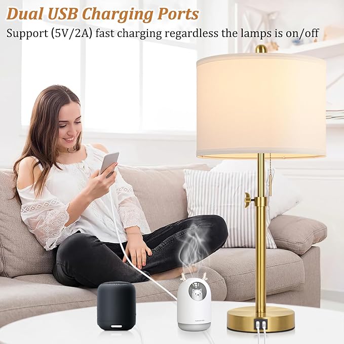Kondras Table Lamp Set of 2, Bedside Lamp with 2 USB Ports, Gold Tall Table Lamp for Living Room End Tables, 23" to 30" Height Adjustable Lamp for Bedroom, Farmhouse Table Lamps with Pull Chain, E26
