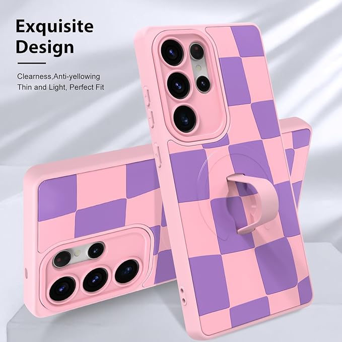 KANGHAR Compatible with Samsung Galaxy S25 Ultra Case, Support for MagSafe, Silicone Checkered Cute Pattern, Wristband Kickstand Camera Protection Soft Slim Cover for Girls Women -Pink