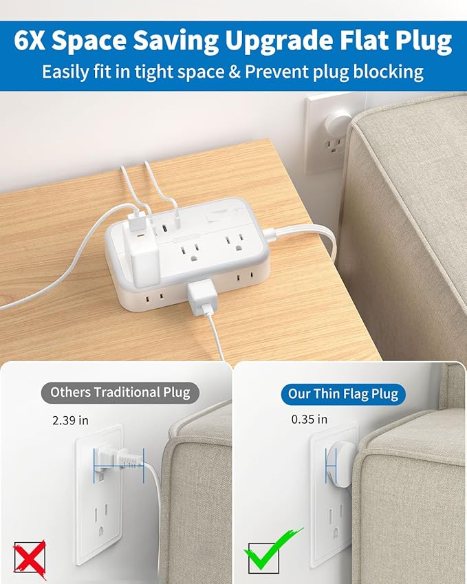 10 ft Flat Extension Cord, Flat Plug Power Strip with 6 Outlets 4 USB Ports, Wall Mounted Outlet Extender, Overload Protection for Indoor, Home, Office Supplies, Dorm Room Essentials