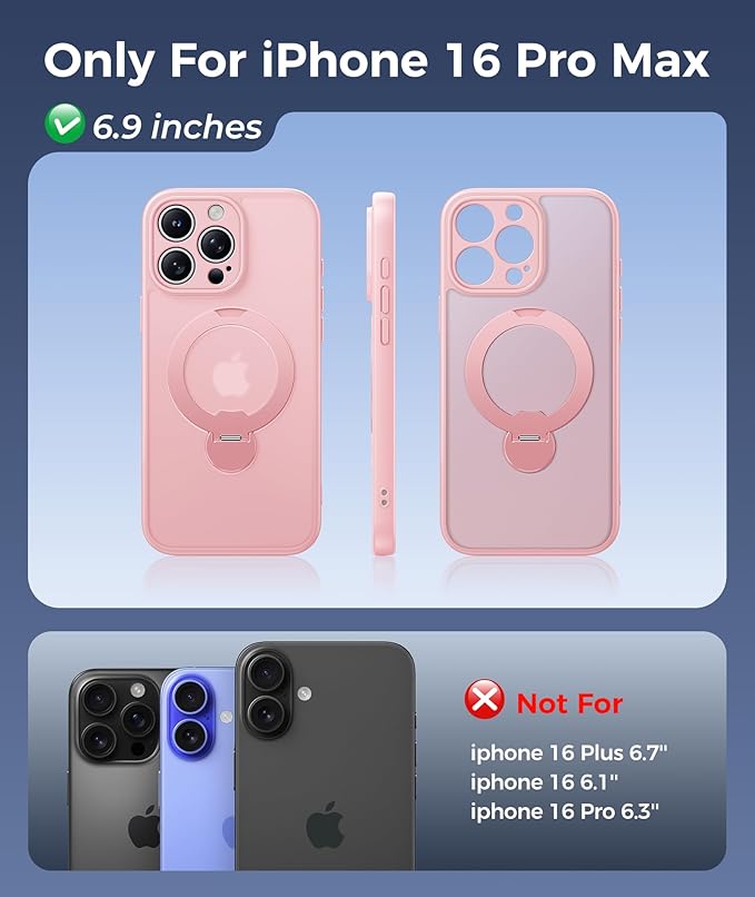 FNTCASE for iPhone 16 Pro-Max Case: [360 Spin Magnetic Stand] [Compatible with Magsafe] [Screen Protector] Translucent Matte Military Grade Shockproof Full Camera Protective Phone Cover - Pink
