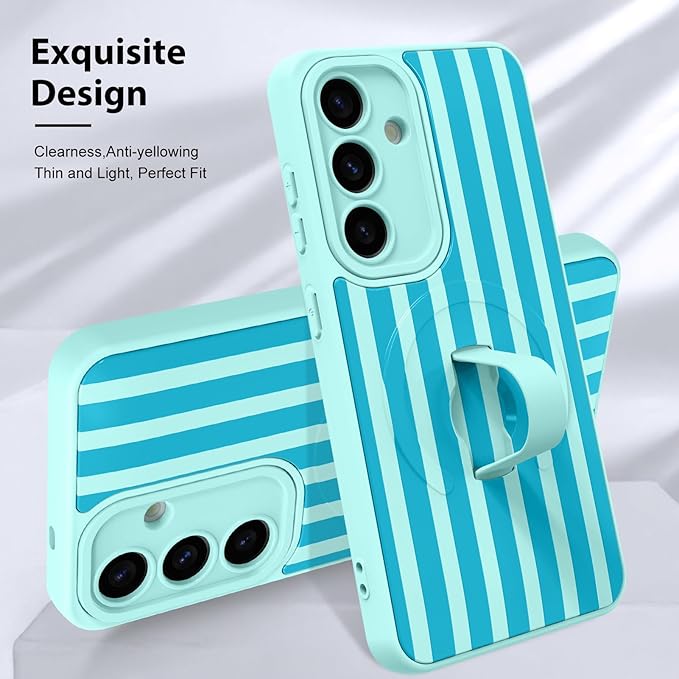 KANGHAR Compatible with Samsung Galaxy S25 Case, Support for MagSafe, Silicone Stripes Cute Pattern, Wristband Kickstand Camera Protection Soft Slim Cover for Girls Women -Blue