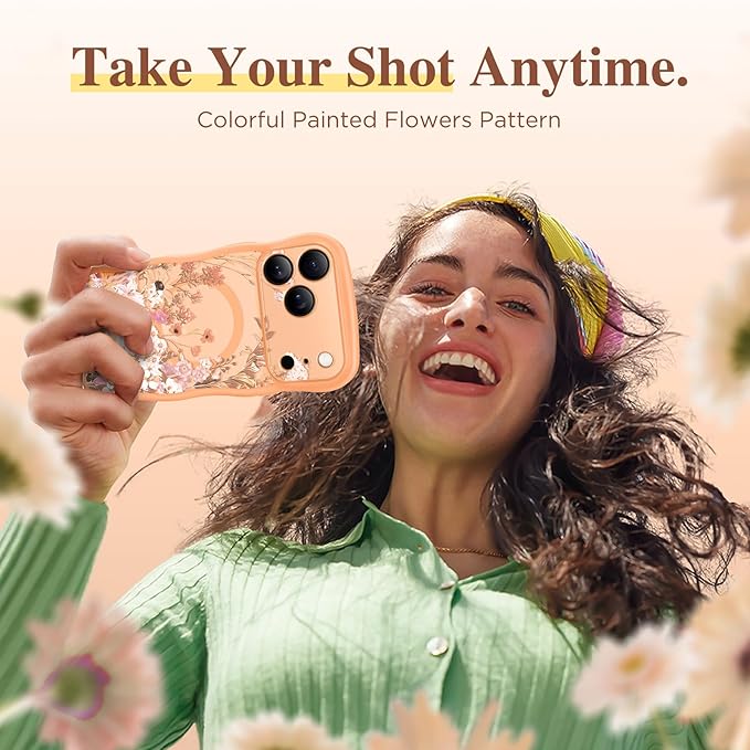 GVIEWIN for iPhone 17 Pro Max Case Compatible with MagSafe [Curly Wave Edge][Full Camera Protection] Floral Translucent Shockproof Magnetic Women Phone Case for 17 Pro Max, Campanula/Orange