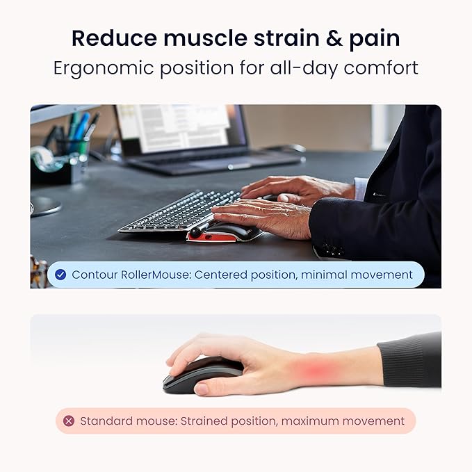 Contour RollerMouse Red Ergonomic Mouse for Shoulder Forearm Wrist Strain Relief for RSI Carpal Tunnel Centered Rollerbar 6 Customizable Buttons 10 Speed Settings Mac/PC Compatible - Wired - Regular