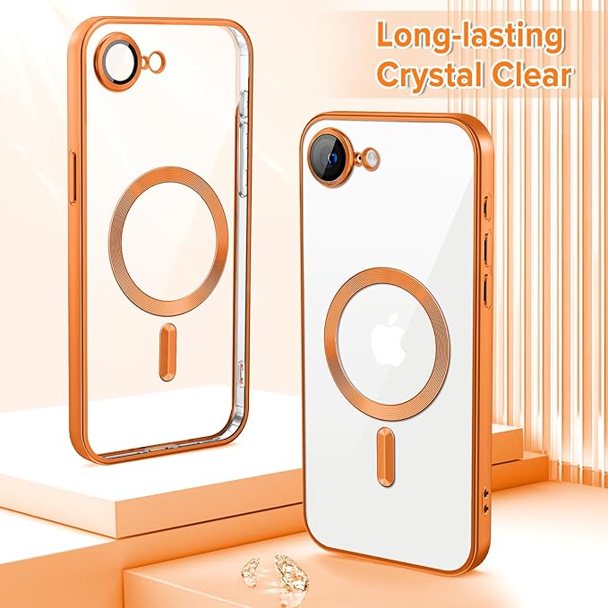 Hython Magnetic Clear for iPhone 17e Case with Camera Lens Protector [Compatible with MagSafe] Luxury Plating Edge Slim Soft TPU Cover Protective Phone Case for iPhone 17e 6.1", Matte Orange