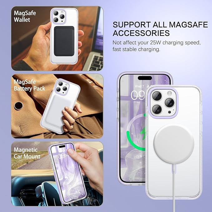 BENTOBEN Magnetic for iPhone 15 Pro Max Case 6.7", Compatible with Magsafe Military Shockproof Protective Bumper Cute Transparent Slim Anti-Yellowing Case for iPhone 15 Pro Max Cover, Clear Purple