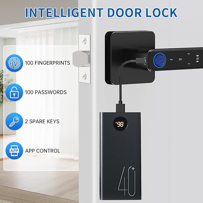 Fingerprint Door Lock-Smart Door knob, Biometric Door Locks,with App/Code/Backup Key/Fingerprint/IC Card, Smart Door Knob Keyless Entry Door Lock with Handle for Home Hotel Office Apartment Bedroom