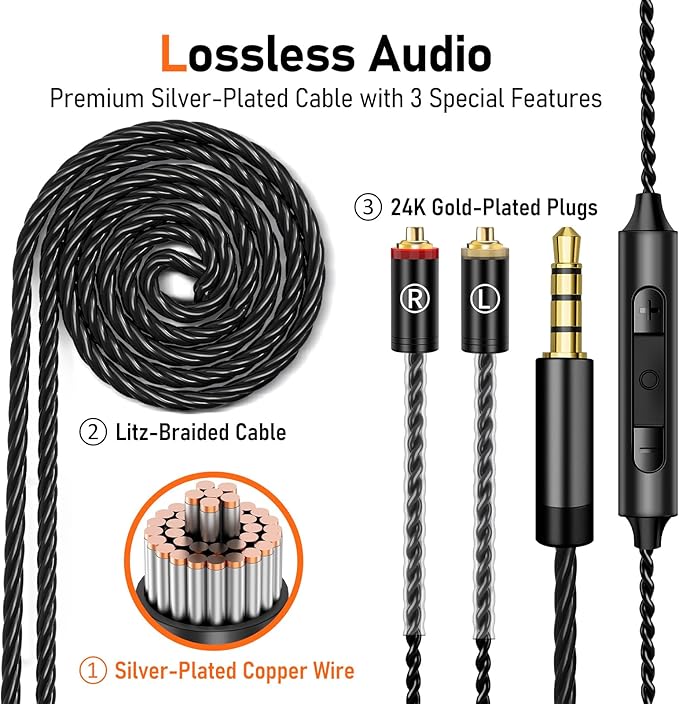 Vibes 202M Wired Earbuds - HiFi in Ear Monitor Headphones - Noise Isolating Ear Buds w/ Mic - Clear Sound, Deep Bass & Comfort-Fit Gaming Earphones - MMCX to 3.5mm & Silver Plated Cord, Carrying Case
