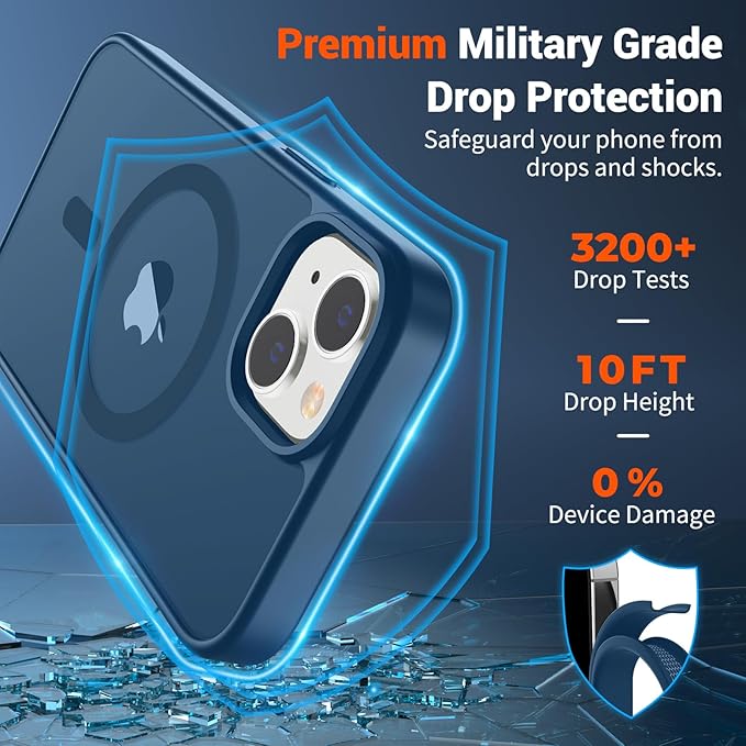 SUPFINE Magnetic for iPhone 14 Case & iPhone 13 Case (Compatible with MagSafe) (Military Grade Drop Protection) Translucent Matte Shockproof Phone Cover,Deep Blue