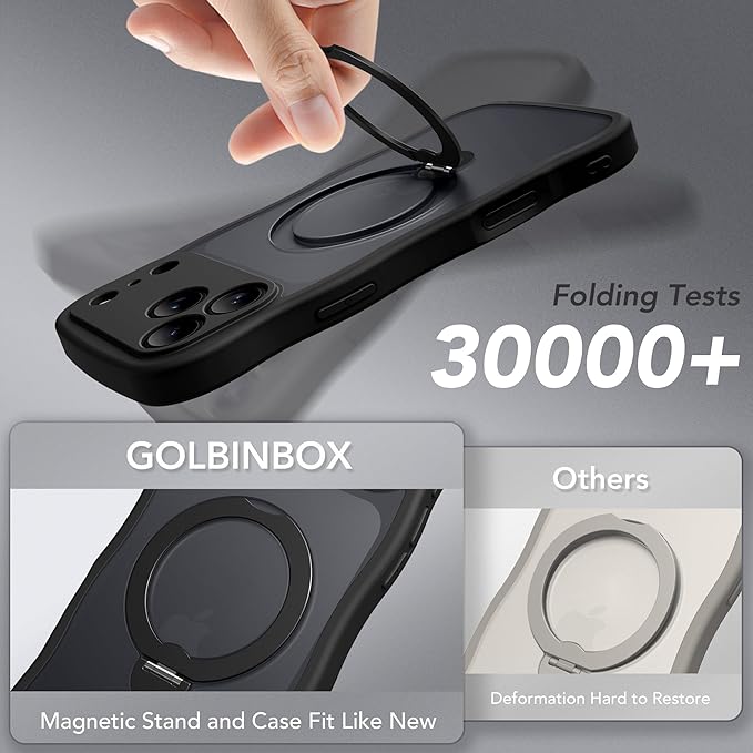 GolbinBox for iPhone 17 Pro Case for Women,[Compatible with Magsafe][360° Spin Magnetic Stand][Cute Wave Edge][Military-Grade Protection] Translucent Matte Phone Case for iPhone 17 Pro, Black