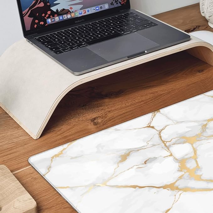 White and Golden Marble Large Extended Mouse Pads XL Mousepad with Stitched Edges Non-Slip Rubber Base Computer Keyboard Pad Desk Mat for Home Office Desk Decor, 29.5" X 15.8"