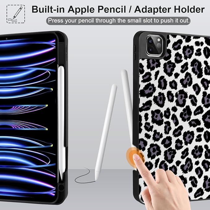 MEEgoodo for iPad Pro 12.9 Case M2 6th/5th/4th/3rd Generation 2022 2021 2020 2018 with Pencil Holder, Tablet Cover with Soft TPU Back Shell, Snow Leopard Texture