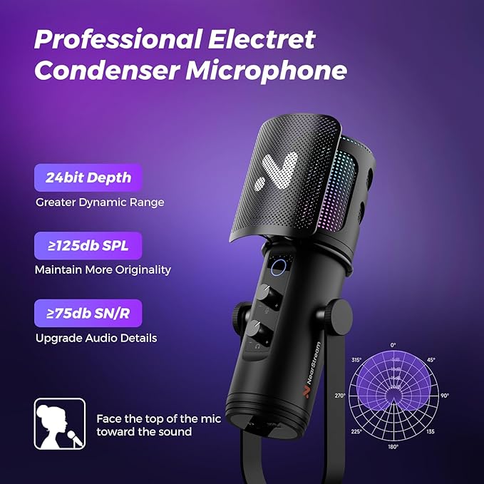NearStream RGB Gaming Microphone for PC with Noise Canceling/Monitor/Mute/Gain/Removable Pop Filter, USB Condenser Mic with Boom Arm for Stream/Podcast/Twitch/Discord/YouTube/PS4/PS5(AM30U)
