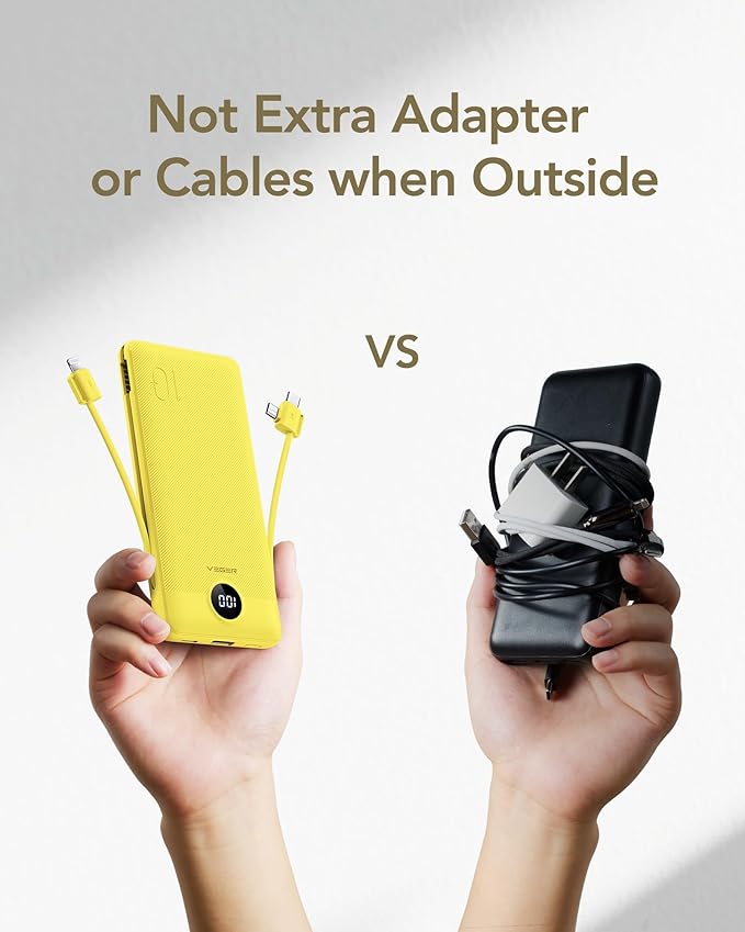 VEGER Portable Charger with Built-in AC Plug and Cables, All in One 10000mAh Ultra Slim Power Bank Travel Essentials, Fast Charging Battery Pack Compatible with iPhone, Samsung, Android (Yellow)