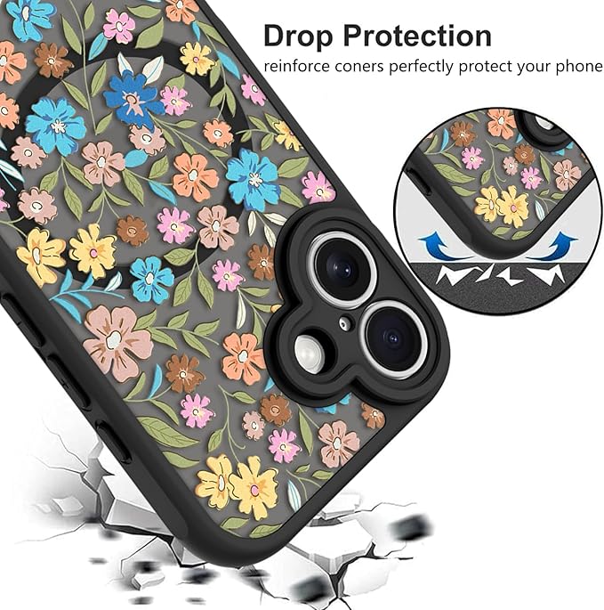 KANGHAR Case Compatible with iPhone 16 Plus Flower Pattern [Compatible with Magsafe] Cute Colorful Blooming Florals Protective Magnetic Case for Girls Women 6.7"