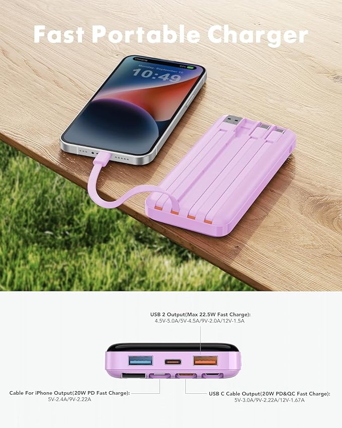 charmast 20000mAh Portable Charger with Built in Cables, 22.5W Travel Power Bank Fast Charging, USB C Cell Phone Battery Pack for iPhone 16/15/14/13/12/11 Series, iPad, Samsung, Android, Tablet
