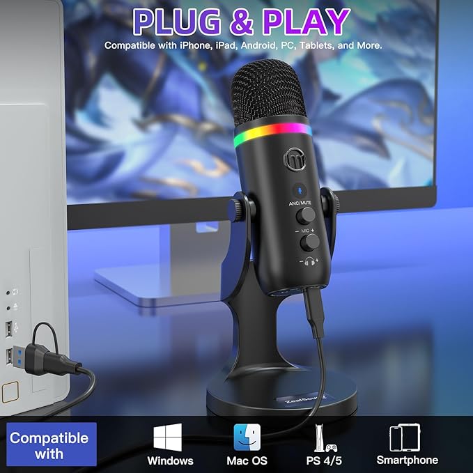 ZealSound Podcast Microphone for PC, USB Noise Cancelling Mic with RGB Lighting, Mute & Gain Control, Zero-Latency Monitoring for Mac, iPhone, iPad, Computer, Streaming, Recording, Podcasting K66 Pro