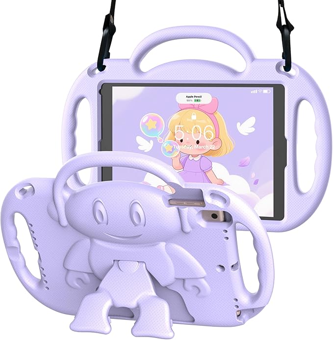 Kids Case for iPad 5th/6th Generation (9.7 inch, 2017/2018) & iPad Air 1/2 9.7" & Pro 9.7, Durable Shockproof Lightweight Kids Cover with Shoulder Strap/Handle/Kickstand, Light Purple