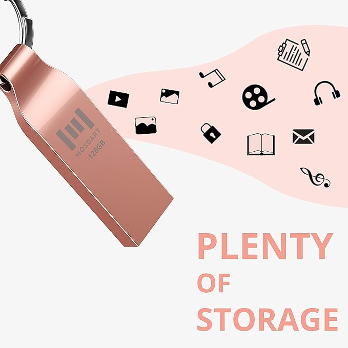MOSDART Waterproof 128GB USB2.0 Flash Drive, exFAT Metal Memory Stick with Keychain, for System Back, Data Storage, Rose Gold