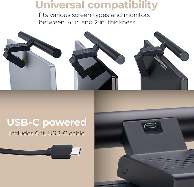 Quantum LED Computer Monitor Lamp Screen Light Bar in Black with 6ft USB-A Plug-in Cord, Dimmable and 5-CCT Selectable Touch Controls