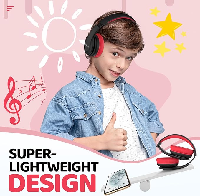 JoySpark Kids Bluetooth Headphones, Lightweight Wireless Headphones for Kids, 85/94dB Volume Limited, 60 Hours Playtime, Bluetooth 5.3, Over-Ear Toddler Headsets with Built-in Mic-Black