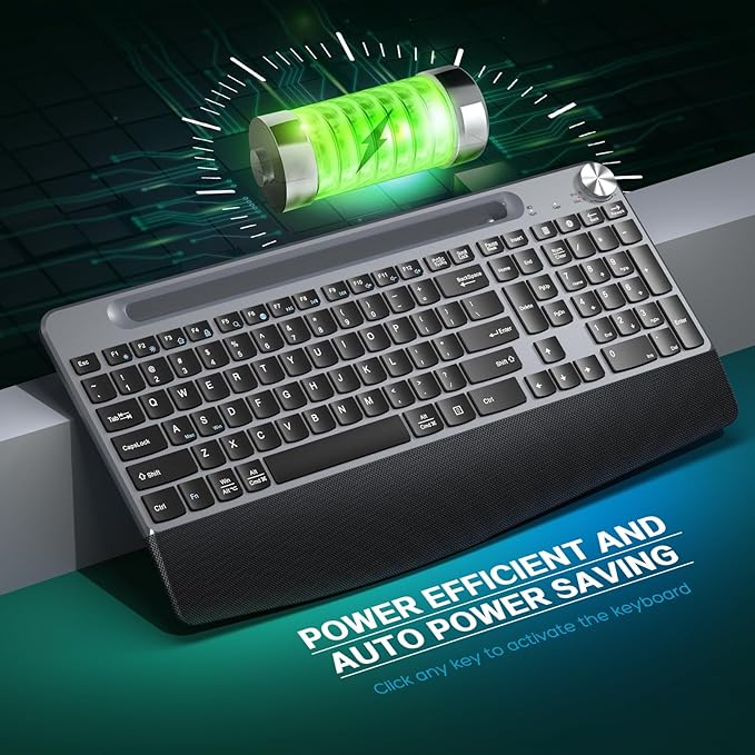 GAMCATZ Ergonomic Wireless Keyboard with Wrist Rest-Low-Profile,Phone/Tablet Holder,Quiet Design，Windows & Mac OS，Full Size Cordless USB Computer Keyboard for Desktop,Laptop, PC, Mac, Windows-Black