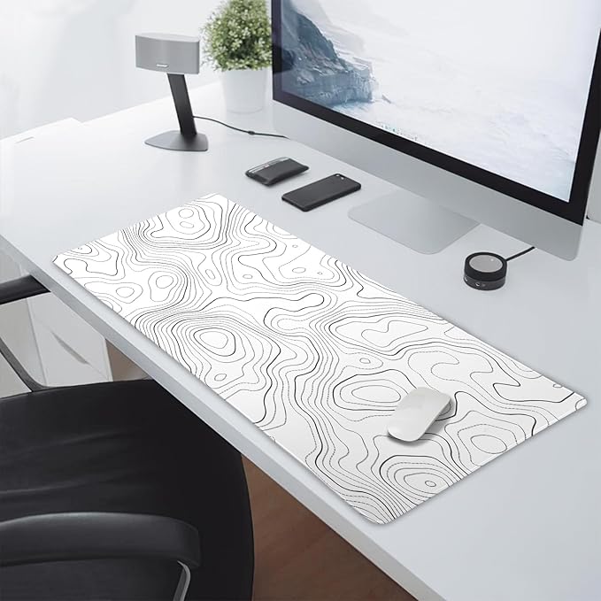 Topographic Map Mouse Pad Large White Lines Contour Geographic Extended Desk Mat 60x35 CM Non-Slip Rubber Base Stitched Edge Long Mousepad, 24x14 Inch