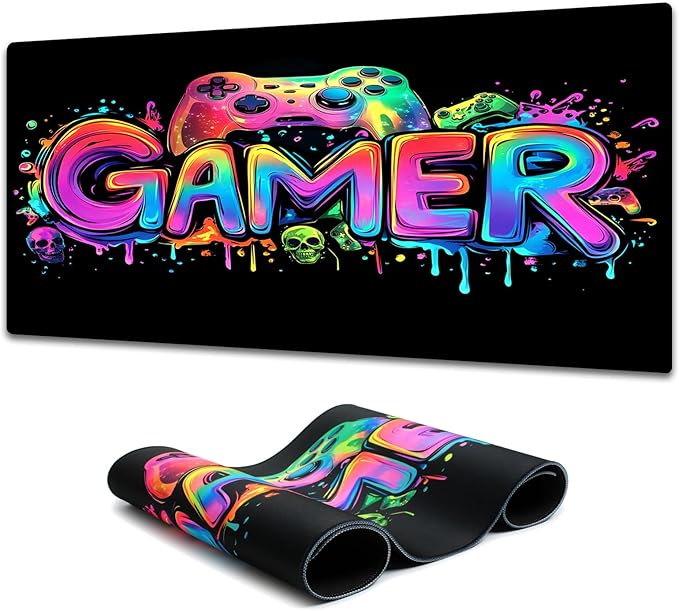 Gamer Gaming Mouse Pad, Blacklight Game Controller Horror Skull Waterproof Large Mouse Mat, 31.5" x 11.8" Skeleton Glowing Extended Non-Slip Rubber Base, Office & Home Keyboard Pad