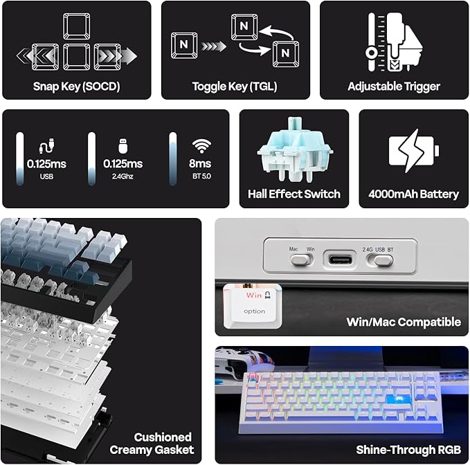 EPOMAKER G84 HE Wireless Hall Effect Keyboard, 8K Polling & 8000mAh, SOCD & DKS, Gaming Keyboard with Fast Trigger & Adjustable Actuation, RGB Backlit, PBT Keycap, Hot-Swap, for Win/Mac (White)