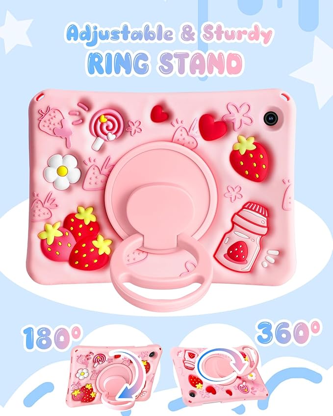 Boaretiu for Samsung Galaxy Tab A9+ Case - Soft Silicone Case with Shoulder Strap & Rotating Stand Strawberry Cute Cartoon 3D Kawaii for Girls Girly Kids Teens for Samsung A9 Plus Tablet 11 inch 2023