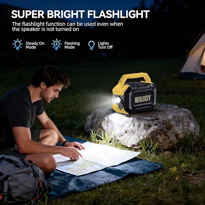 Wilody Speakers Bluetooth Wireless, 100W Loud Outdoor Speaker with Bass, IPX7 Waterproof Floatable, 20H Playtime, Wireless Charge, TWS, RGB Light, Portable Speaker for Work, Garage, Outdoor (Yellow)