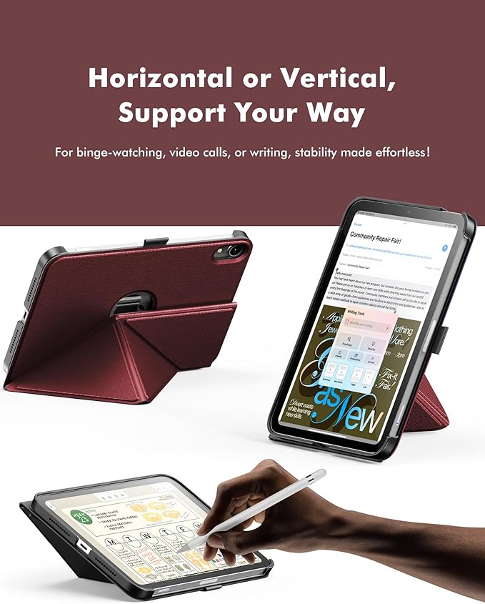 INFILAND Case for iPad mini 7 (A17 Pro) 2024 / iPad mini 6 2021, Magnetic Origami Slim Protective Case, Book-Style Foldable Cover with Pencil Holder, Multi-Angle Stand, Auto Wake/Sleep, Burgundy