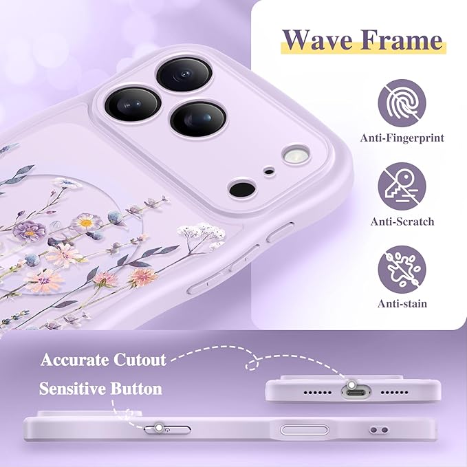 GVIEWIN for iPhone 17 Pro Max Case Compatible with MagSafe [Curly Wave Edge][Full Camera Protection] Floral Translucent Shockproof Magnetic Women Phone Case for 17 Pro Max, Floratopia/Purple