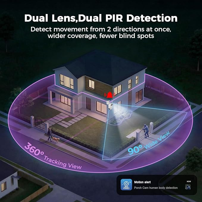 Dual Lens Solar Security Camera Wireless Outdoor – 2.5K HD No Blind Spot with PIR Motion Detection, 360° PTZ, Full Color Night Vision, 5G/2.4GHz WiFi, IP65 Waterproof for Home, Business & Outdoor Use