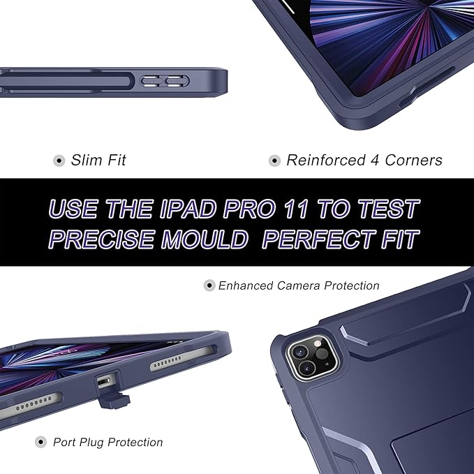 Soke Case for iPad Pro 11 Inch 2022/2021/2020/2018/iPad Air 5th/4th Generation,Built-in Screen Protector - Support 2nd Apple Pencil Charging - Heavy Duty Rugged Protective Kickstand Case - Navy