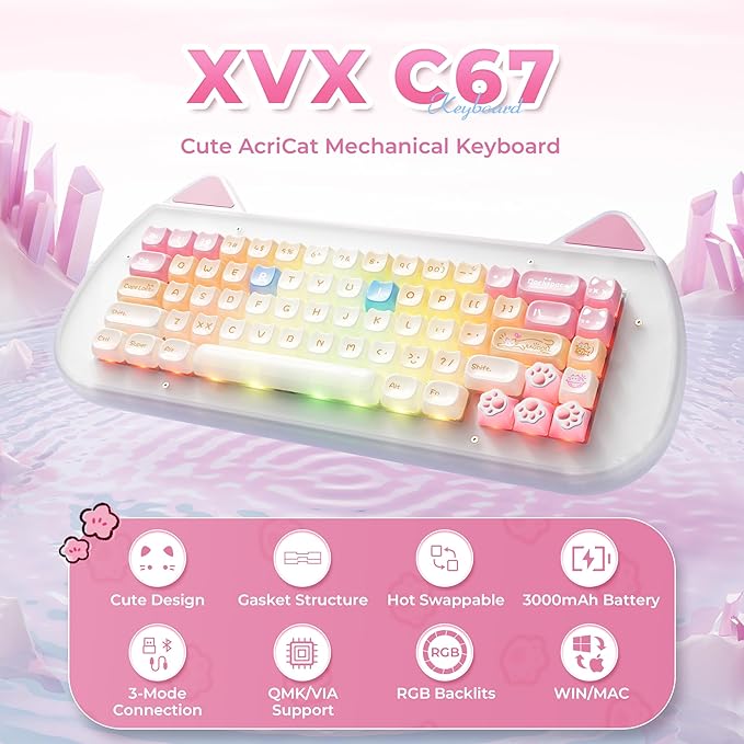 XVX C67 Wireless Mechanical Keyboard Cute Design, 60% Gaming Creamy Keyboard Custom QMK/VIA, BT5.0/2.4G/USB-C Mode, Hot Swappable Linear Switch RGB Backlits, Gasket Mount for Win/Mac(AcriCat, Pink)