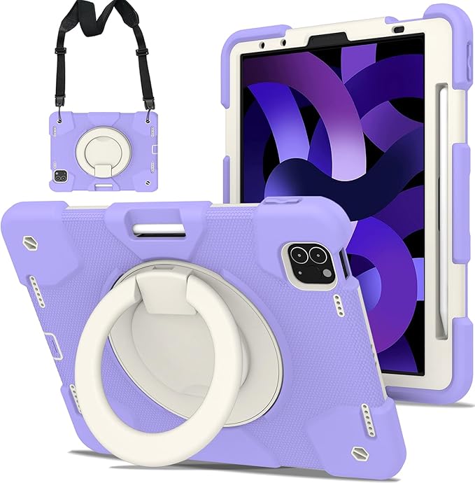 SCSVPN for iPad Air 5th/4th Generation Case 10.9'', Protective Kids Case for iPad Pro 11 Inch 2022 2021 2020 2018(4th/3rd/2nd/1st gen) with Pencil Holder-Rotation Stand/Handle-Shoulder Strap, Purple