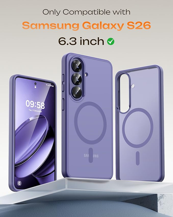TOCOL for Samsung Galaxy S26 Case, Compatible with Magsafe, Full Camera Protection, Built-in Magnetic Ring, Drop Protection, Translucent Matte Phone Case for S26 (Lavender Gray)