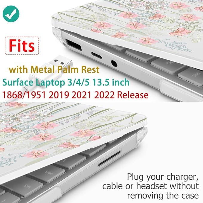 Case for 13.5" Microsoft Surface Laptop 5/4/3 with Metal Palm Rest ONLY 2019-2022 Release Models:1868/1951, Plastic Hard Shell Case with Keyboard Cover & Screen Protector, Floral C322