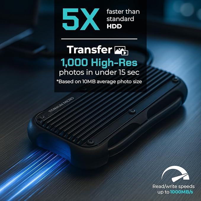 Titanium Micro External SSD 500GB - Mercury Portable SSD, Up to 1000MB/s, USB 3.2 Gen 2 USB-C USBA, Rugged IP66 Water Resistance, Drop Proof, External Solid State Drive Slim and Lightweight Storage
