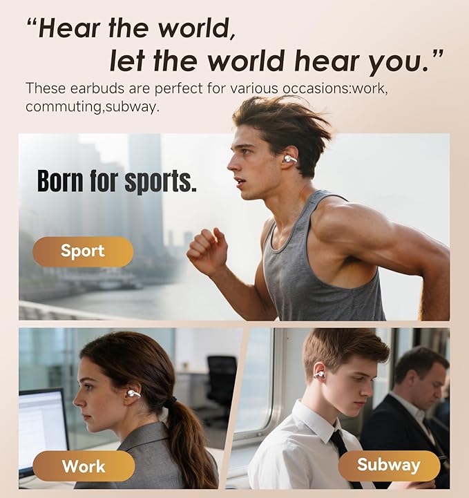 King Lucky Clip-On Earbuds Gen 3, Open-Ear Wireless Bluetooth 6.0 Headphones with Mic, Secure Fit for Small Ears & Glasses Wearers, 50H Playtime, ENC, IPX5 Waterproof Sport Ear Buds (Light White)