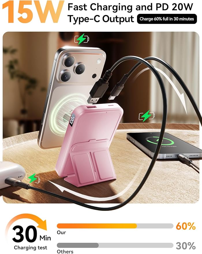 for Magsafe Battery Pack, 10000mAh Wireless Portable Charger with 20W USB-C Fast Charging, Foldable Stand & LED Display Magnetic Power Bank, Compatible with iPhone 16/15/14/13 All Series-Pink