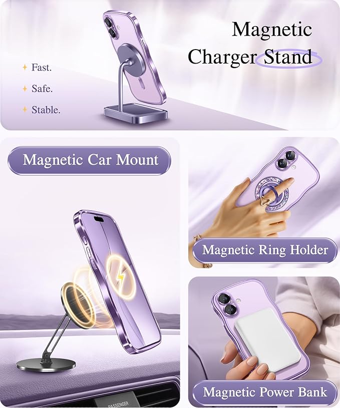 GVIEWIN for iPhone 17 Case Compatible with MagSafe, Upgraded [Full Camera Protection][Cute Wave Frame][Military Grade Protection] Electroplated Hard Phone Cover for Women Girl, Clear/Lilac Purple