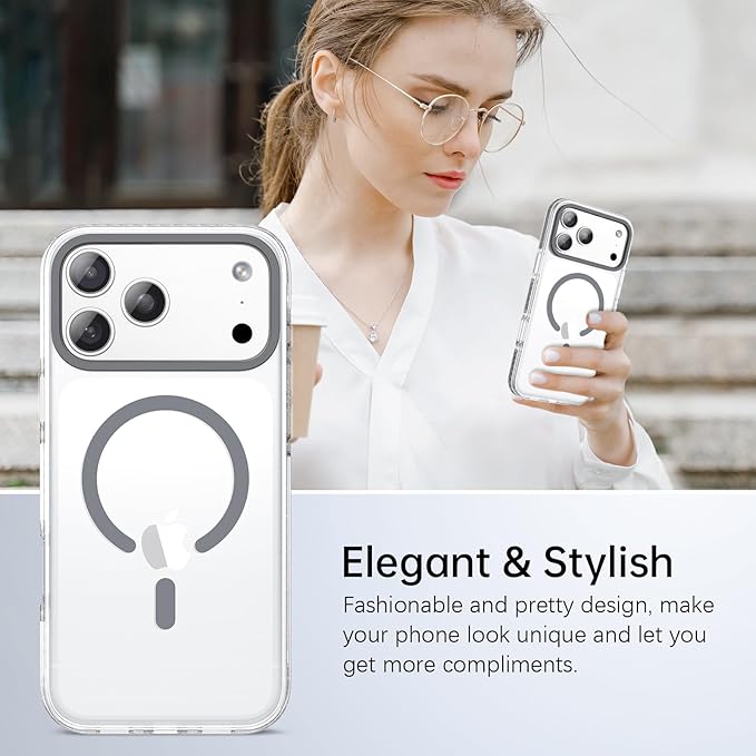 BENTOBEN Magnetic for iPhone 17 Pro Max 6.9" Case, Compatible with Magsafe Military Shockproof Protective Bumper Cute Transparent Slim Anti-Yellowing Phone Case for iPhone 17 Pro Max Cover, Clear Gray