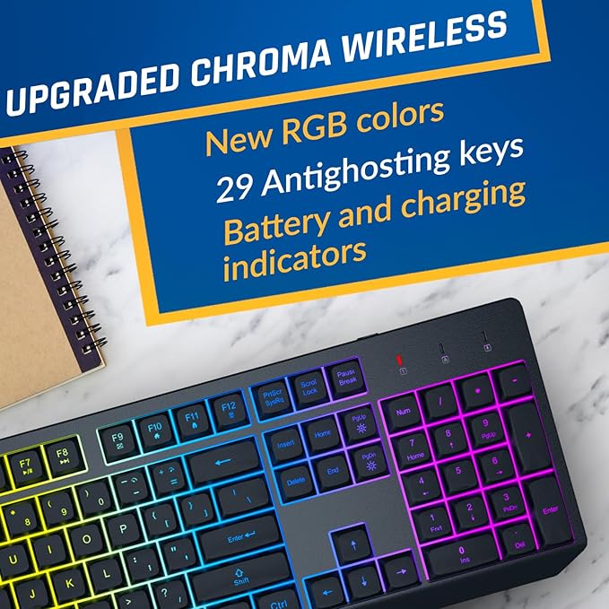 KLIM Chroma Wireless Keyboard and Mouse – RGB Backlit Gaming Combo, Rechargeable Wireless Keyboard & RGB Mouse, Durable & Ergonomic, Dual USB Receivers, Compatible with PC, Mac, PS4, PS5